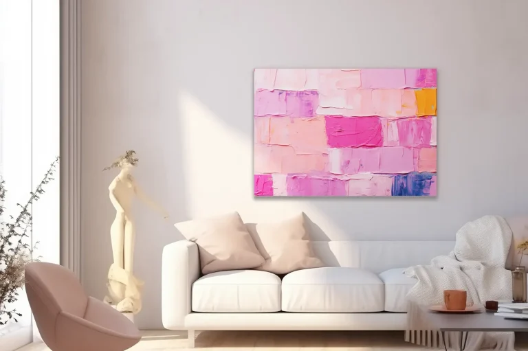 Pared decorada con un cuadro abstracto de tonos rosas y un sofá blanco en un ambiente moderno.