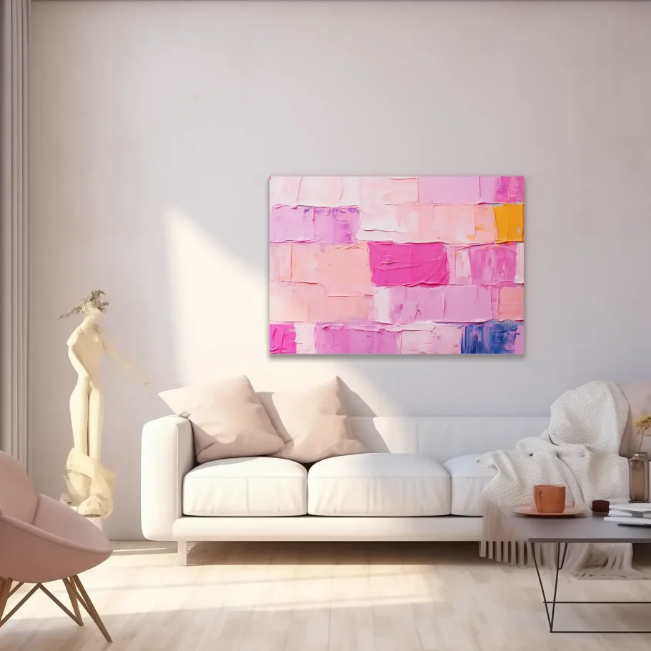 Sala moderna con un sofá blanco, decoración minimalista y una pintura abstracta rosa en la pared.