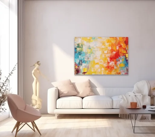Sala moderna con un sofá blanco, cuadro abstracto colorido y escultura decorativa.