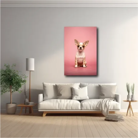 Perro Chihuahua sentado frente a una pared rosa, decorado en una habitación moderna.