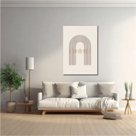 Salón moderno con un sofá claro, planta y un cuadro de arco en la pared.