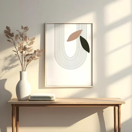 Cuadro con diseño geométrico y ramo de flores secas sobre una mesa de madera.
