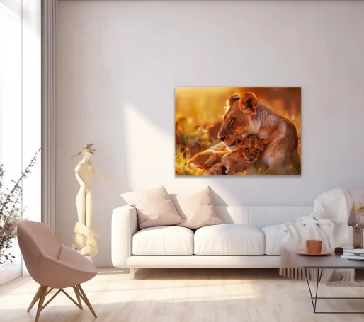 Decoración moderna con un cuadro de un león en un salón luminoso y minimalista.
