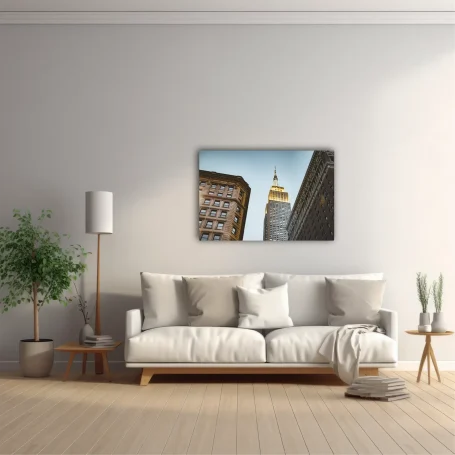 Salón moderno con un sofá blanco, planta y una vista de un edificio con cúpula dorada.