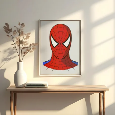 Cabeza de Spider-Man en un marco, decorando una pared junto a un jarrón y una mesa.