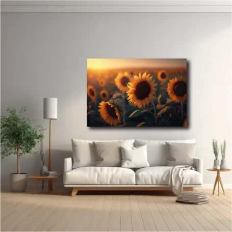 Un salón moderno con un sofá, lámpara y un cuadro de girasoles al atardecer.