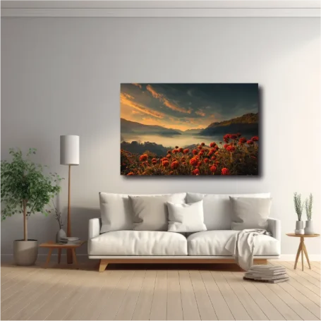 Paisaje montañoso con flores rojas, sofá blanco y decoración moderna en un espacio luminoso.