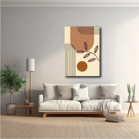 Sala moderna con un sofá blanco, planta decorativa y arte abstracto en la pared.