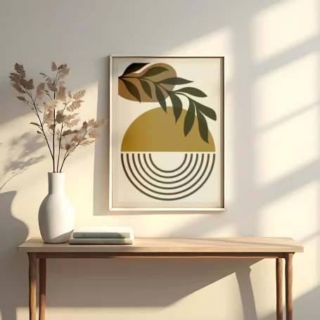Cuadro de diseño minimalista con formas geométricas y una ramita decorativa.