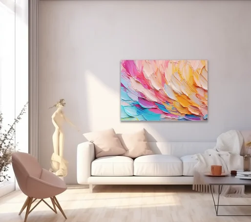 Sala moderna con sofá blanco, decoración minimalista y un cuadro abstracto colorido en la pared.