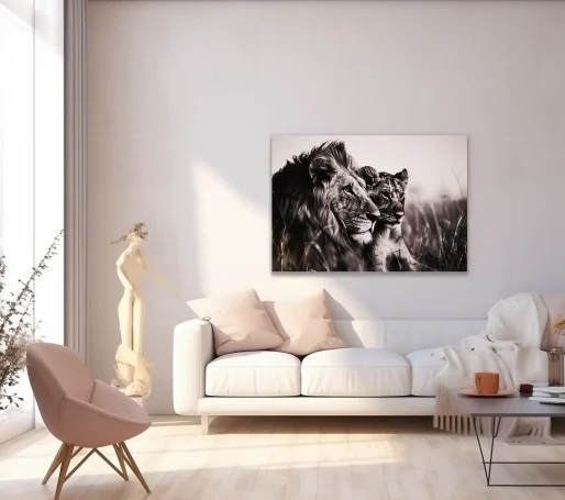 Decoración de sala con un sofá blanco, escultura y un cuadro de leones en la pared.