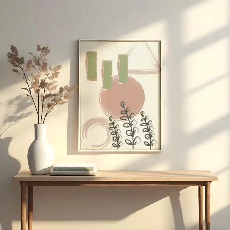 Cuadro abstracto con formas geométricas y hoja de planta sobre una mesa con jarrón.
