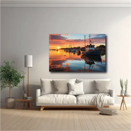 Atardecer en un puerto con barcos, reflejándose en el agua tranquila. Decoración moderna.