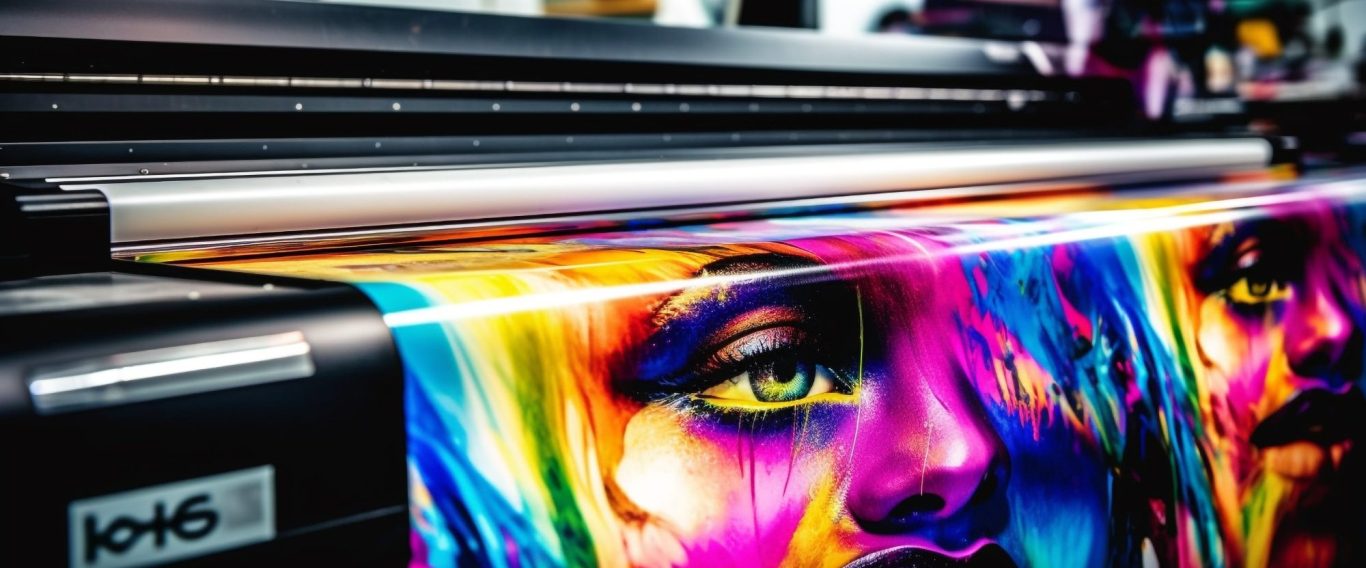 Impresora de gran formato con una impresión colorida de rostros artísticos.