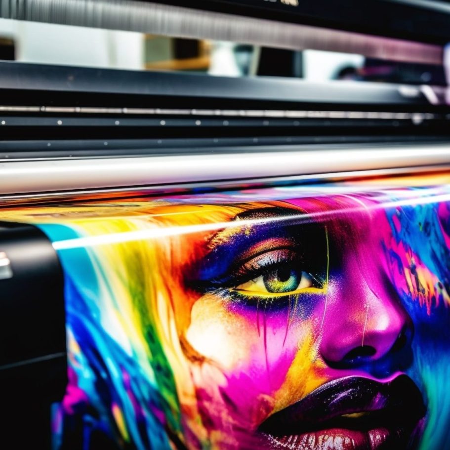 Impresora con una impresión vibrante de un retrato artístico colorido.