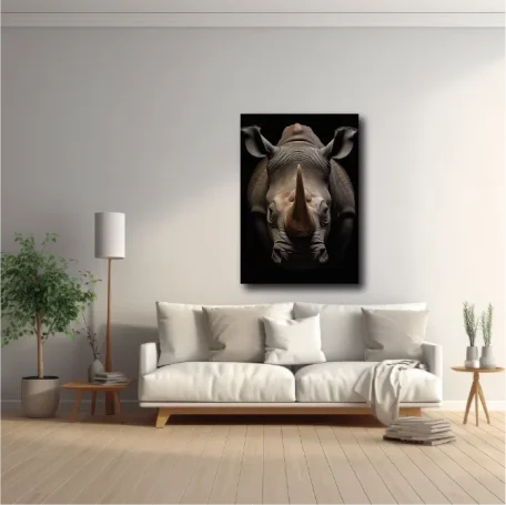 Cabeza de rinoceronte en una pared oscura, decorando un moderno salón con sofá.