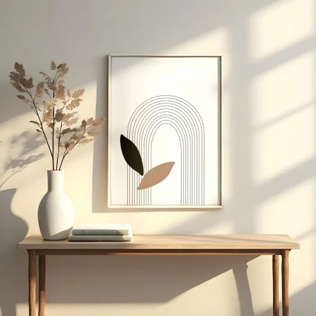 Cuadro con arco abstracto y hojas, sobre una mesa con un jarrón y luz suave.