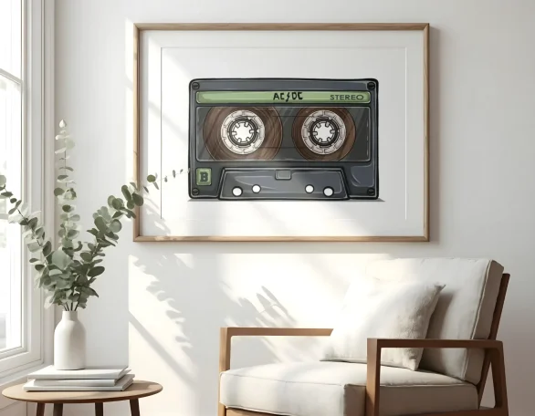 Cinta de casete decorativa en un marco, colocada en una pared junto a una silla.