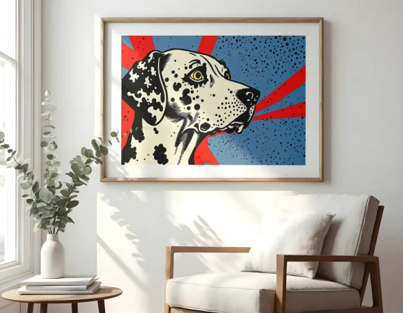 Retrato de un perro dálmata en un fondo azul con rayas rojas.