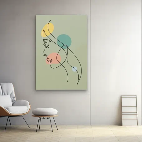 Línea de arte abstracto de perfil femenino en colores suaves sobre fondo verde.