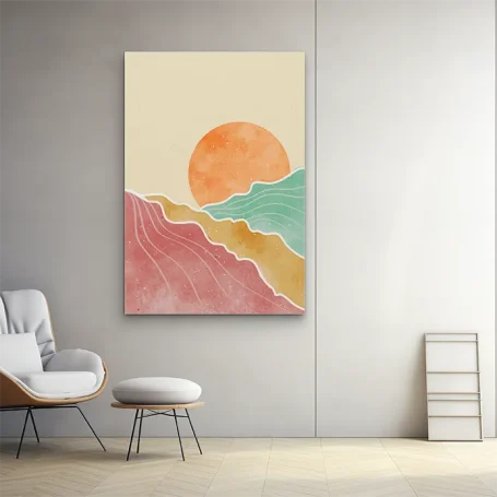 Sol anaranjado sobre ondas de colores en un fondo claro, decorando una pared moderna.