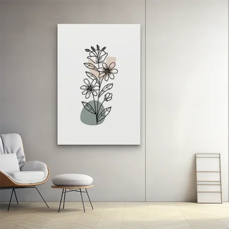 Ilustración de flores estilizadas en un marco, situada sobre una pared clara.