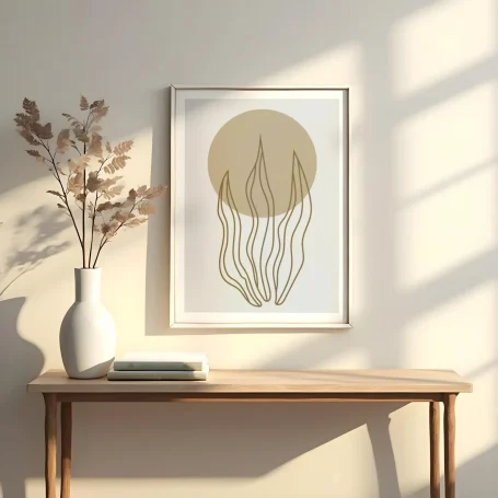 Decoración minimalista con un cuadro de medusa y una rama seca en un jarrón.