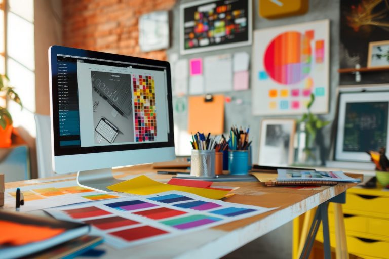Espacio de trabajo creativo con ordenador, herramientas de diseño y muestras de colores.