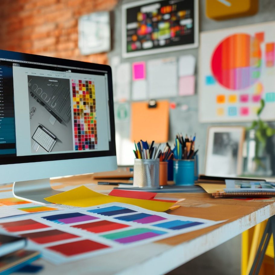 Escritorio de diseño con computadora, muestras de color y materiales de oficina.