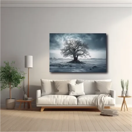 Árbol solitario en un paisaje nevado, con un cielo oscuro y nublado. Sofá y decoración moderna.