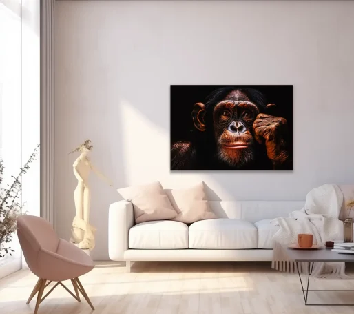 Un chimpancé en un fondo oscuro, con mirada pensativa, en una sala moderna y luminosa.