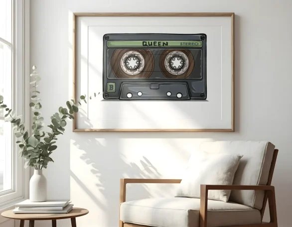 Cinta de casete vintage enmarcada, colgada en una pared junto a una planta y un sillón.