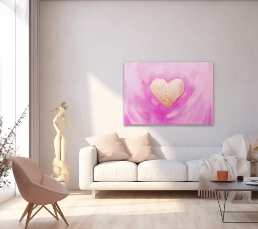 Sala de estar moderna con sofá y una pintura de corazón en un fondo rosa.