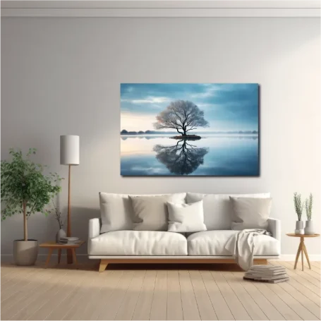 Árbol solitario reflejado en agua, con un cielo nublado en un entorno minimalista.