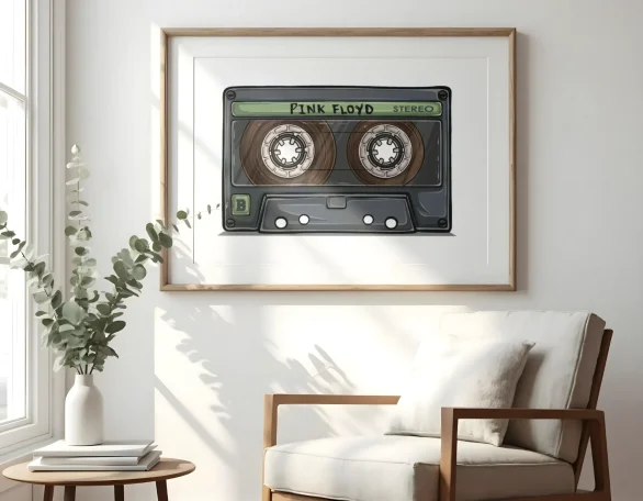 Cinta de casete vintage en un marco, adornando una pared junto a una silla.