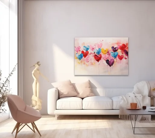 Sala de estar con sofá blanco y pintura de corazones coloridos en la pared.