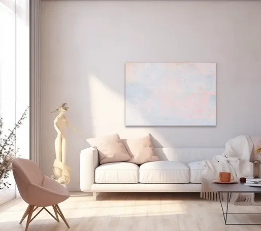Sala de estar moderna con sofá blanco, arte abstracto y silla rosa.