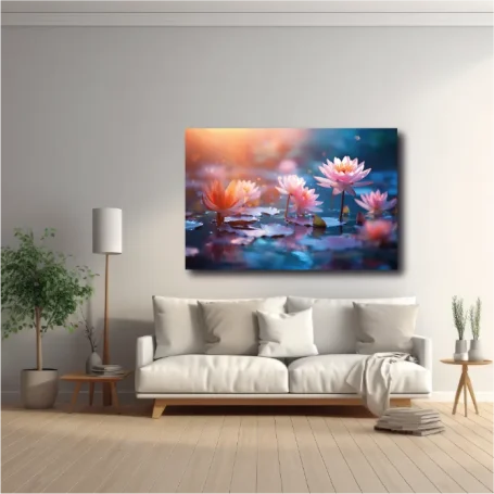 Cuadro de flores de loto en un paisaje tranquilo, con un sofá y planta en una sala luminosa.