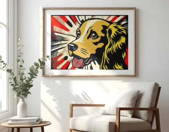 Perro de colores brillantes en un marco, con fondo rojo y rayas radiantes.