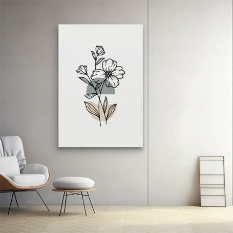 Ramo de flores en un fondo blanco, con hojas y líneas estilizadas. Decoración minimalista.
