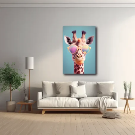 Cabeza de jirafa colorida sobre un fondo azul, decorando una sala moderna.