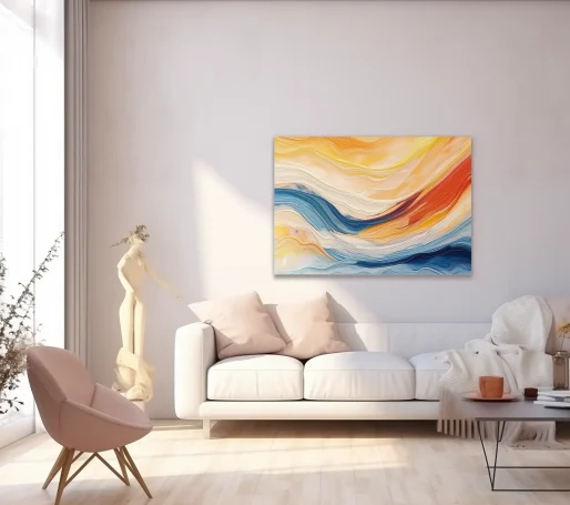 Sala luminosa con sofá claro, decoración minimalista y cuadro abstracto en la pared.