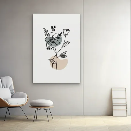 Ilustración minimalista de flores en un jarrón sobre un fondo claro.
