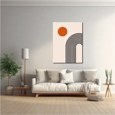 Cuadro abstracto con arco negro y naranja sobre fondo claro, decorando un salón moderno.