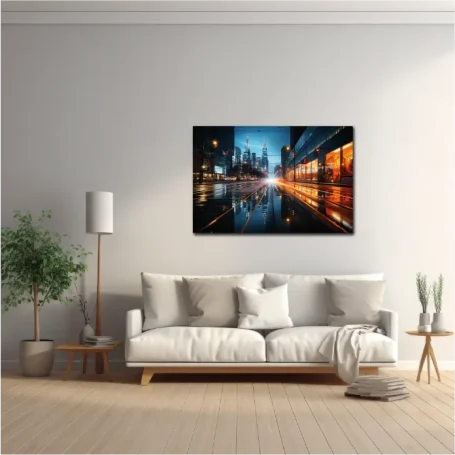 Sala moderna con un sofá blanco, una planta y una pintura de una ciudad iluminada por la noche.