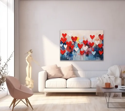 Pared decorada con un cuadro de corazones rojos y azules en una sala luminosa y moderna.