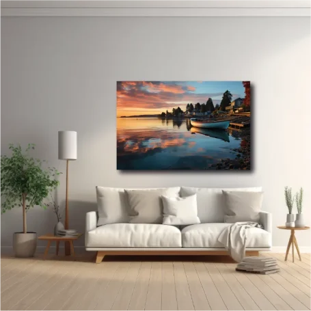 Paisaje sereno con reflejos en el agua, al atardecer, junto a una casa.