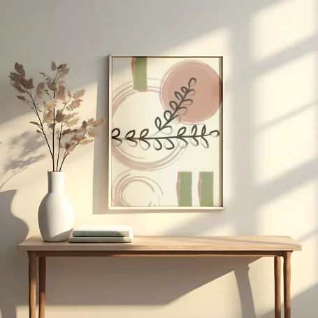 Cuadro abstracto con formas en tonos rosados y verdes, decorando una mesa de madera.
