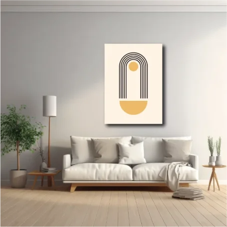 Cuadro moderno en una pared clara, sobre un sofá blanco en una sala minimalista.