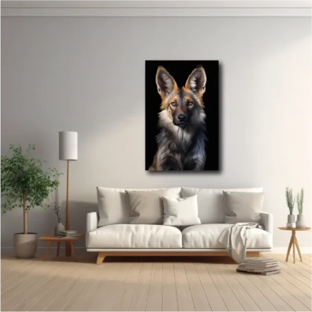Retrato de un perro pastor alemán en un decorado moderno y minimalista.